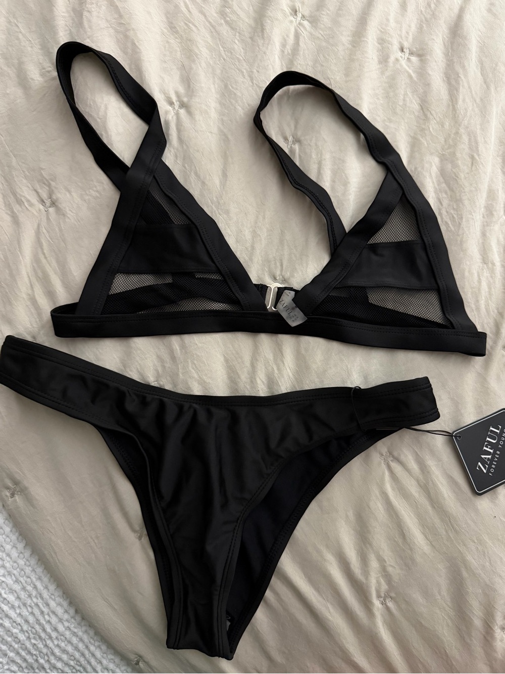 Zaful Black Mesh Panel Triangle Bikini Set